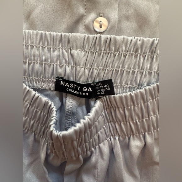 NWT NASTY GAL SATIN OVERSIZED TWO PIECE PAJAMA DUSTY BLUE - Size 8 SKU:562 - Picture 7 of 9